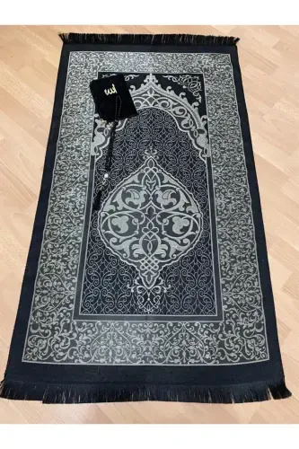 Black prayer rug, made of taffeta fabric, fringed and gift-worthy. - 3