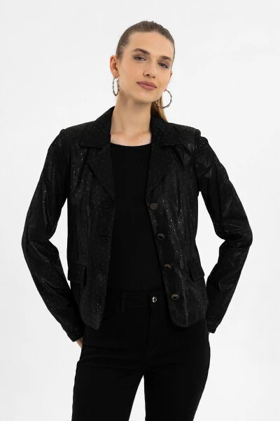 Black printed genuine leather women's jacket. - DERIDERIM