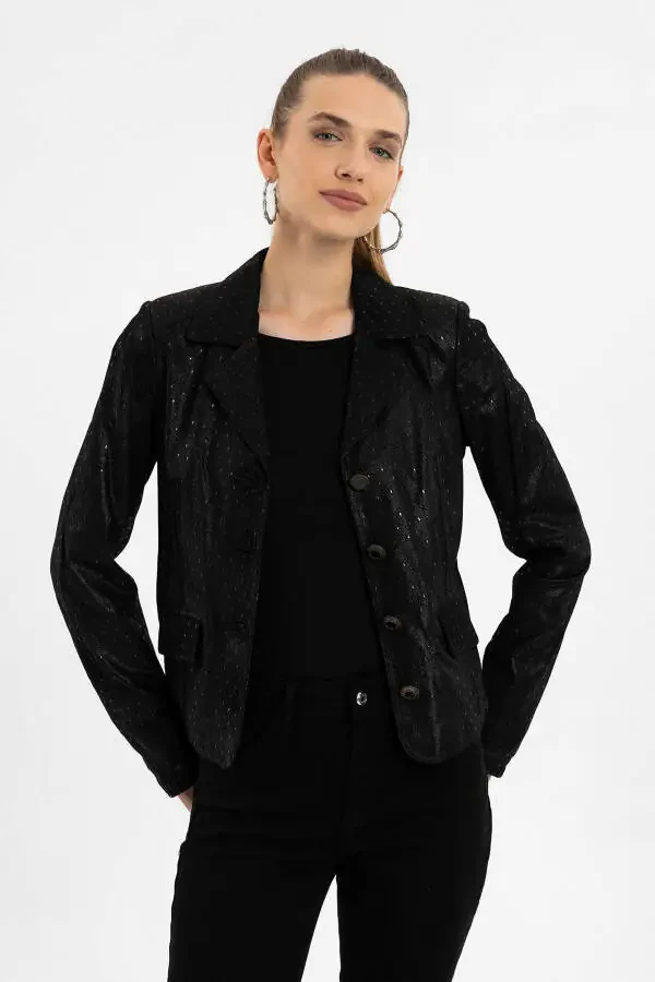 Black printed genuine leather women's jacket. - 1
