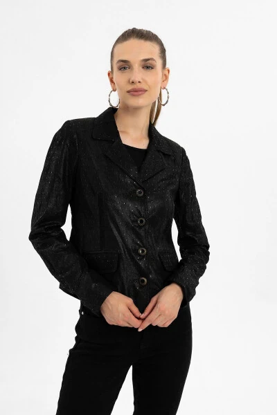Black printed genuine leather women's jacket. - DERIDERIM (1)