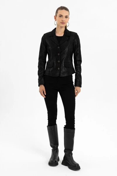 Black printed genuine leather women's jacket. - 4