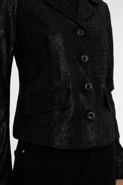 Black printed genuine leather women's jacket. - 5
