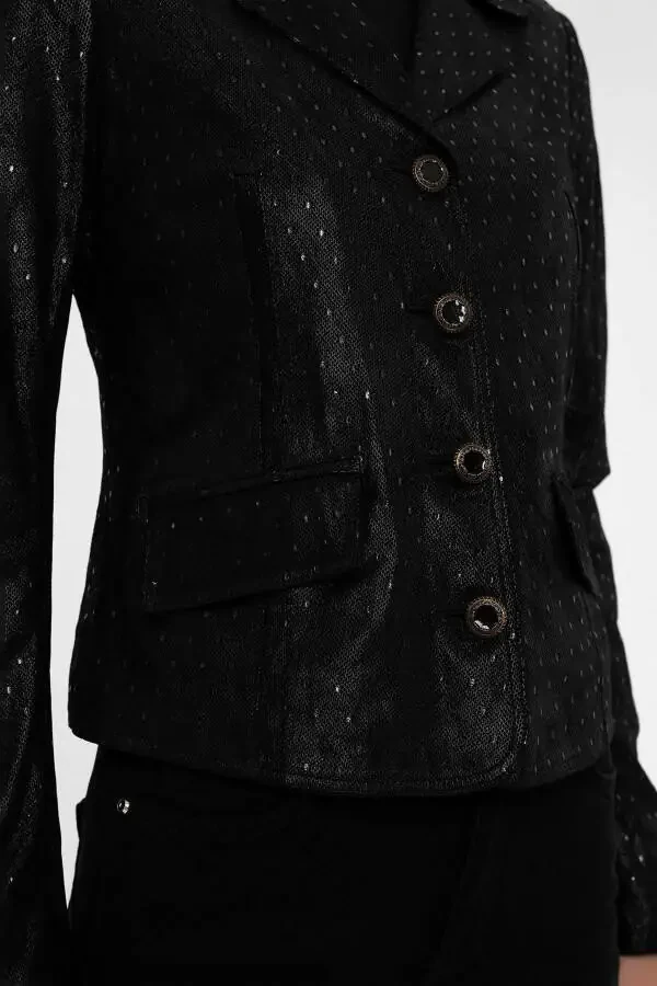 Black printed genuine leather women's jacket. - 5