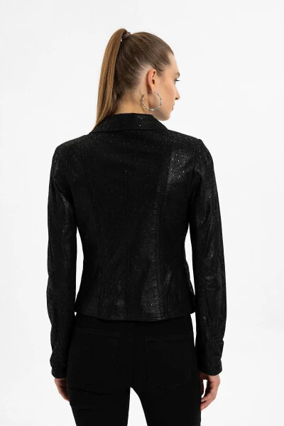Black printed genuine leather women's jacket. - 6