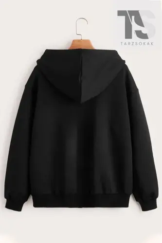Black Printed Winter Oversize Hooded Zippered Pocket Detailed - black stary - 3