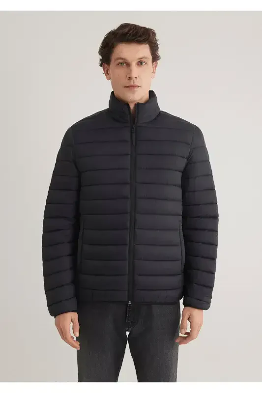Black puffer jacket, stand-up collar. - 4