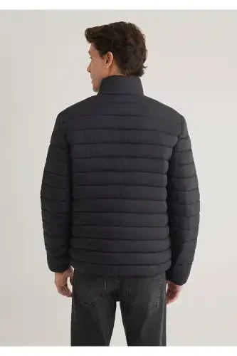 Black puffer jacket, stand-up collar. - 5