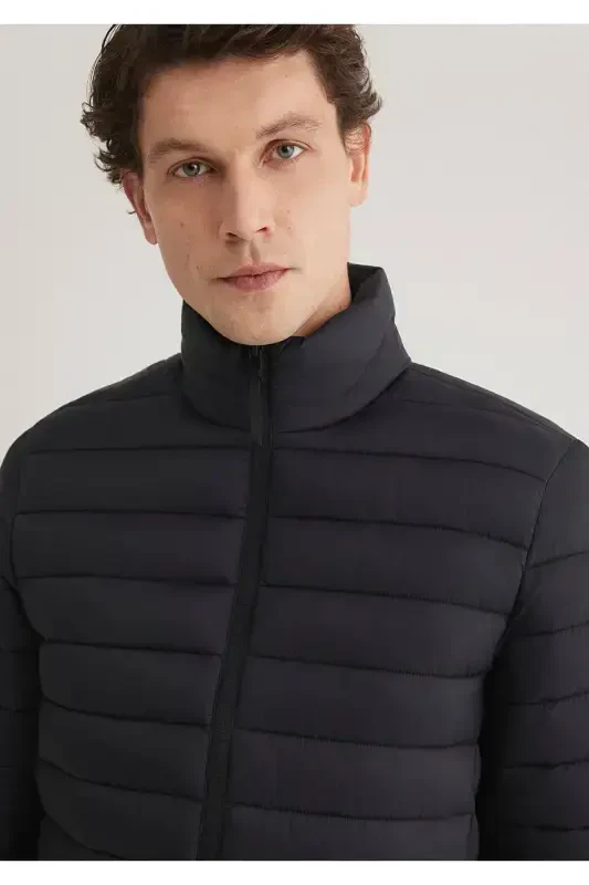 Black puffer jacket, stand-up collar. - 6