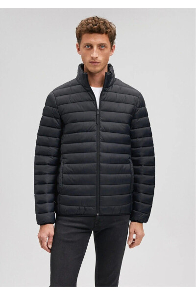 Black Puffer Jacket with Stand Collar - 1