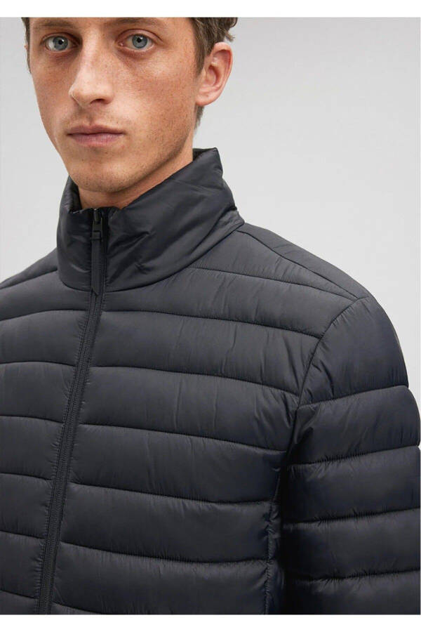 Black Puffer Jacket with Stand Collar - 7