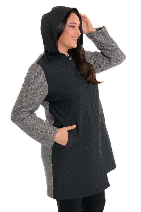 Black Quilted Coat with Snap Buttons - 4