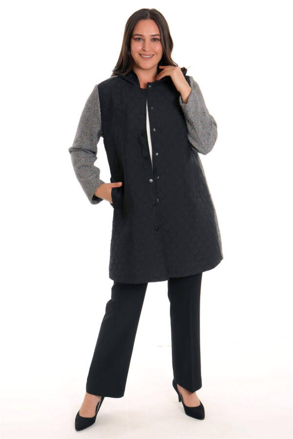 Black Quilted Coat with Snap Buttons - 7