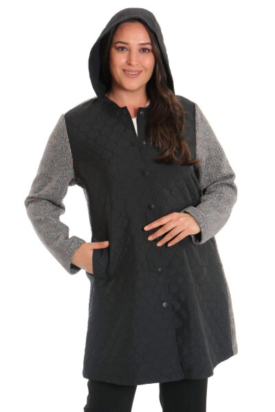 Black Quilted Coat with Snap Buttons - 8