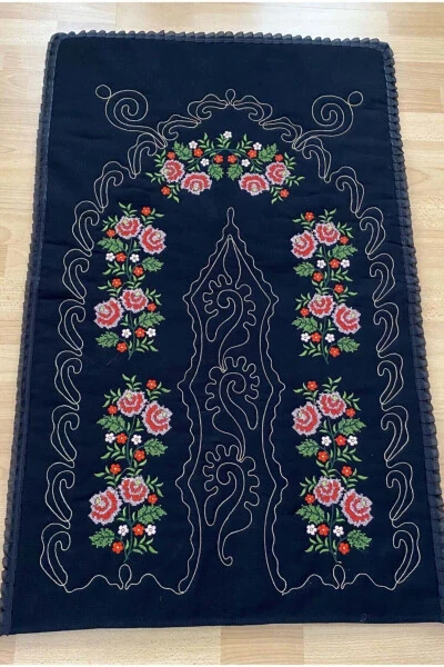 Black Red Embroidered Canvas Kanaviçe Etamin %100 Cotton Linen Rug for Dowry - 2