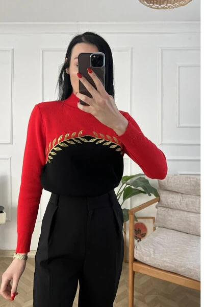 Black Red Gold Embroidered Detail Knitwear - GENEL MARKALAR (1)