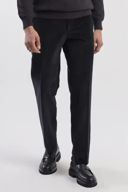 Black Regular Fit 100% Cotton Velvet Trousers - 2