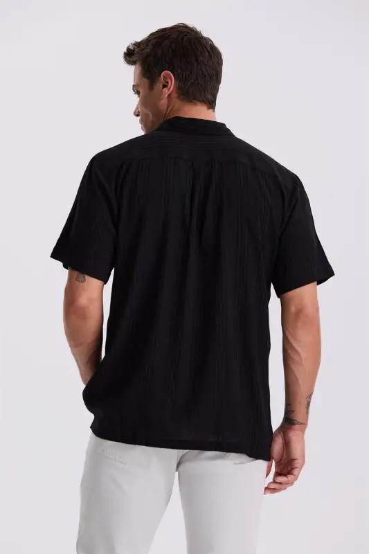 Black Regular Fit Camp Collar Casual Short Sleeve Shirt - 4