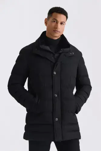 Black Regular Fit Collared Fur Button Down Puffer Jacket 