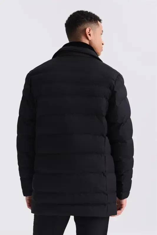 Black Regular Fit Collared Fur Button Down Puffer Jacket - 3