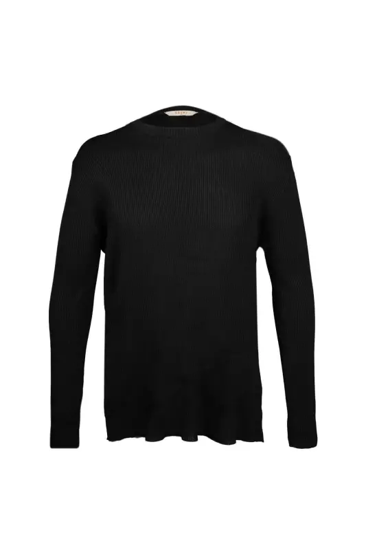 Black Regular Fit Crew Neck Ribbed Knit Sweater - 1