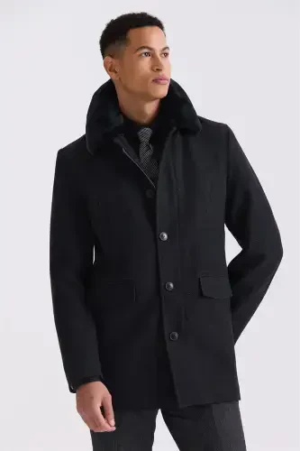Black Regular Fit Detachable Fur Collar Patterned Wool Coat - 1