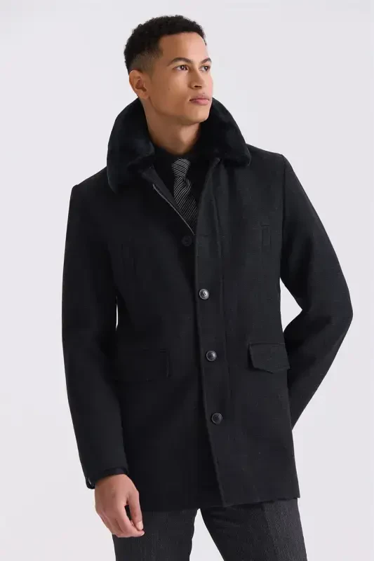 Black Regular Fit Detachable Fur Collar Patterned Wool Coat - 1