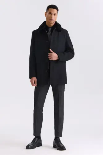 Black Regular Fit Detachable Fur Collar Patterned Wool Coat - 2