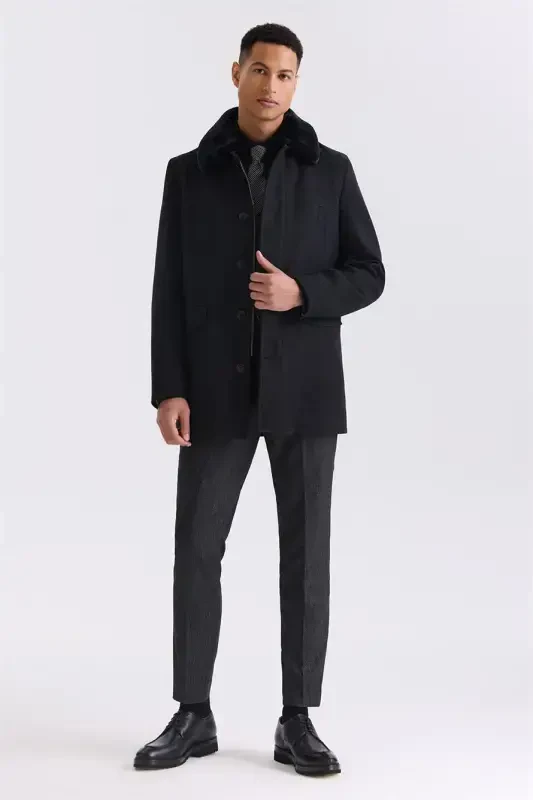 Black Regular Fit Detachable Fur Collar Patterned Wool Coat - 2