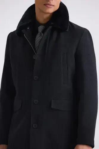 Black Regular Fit Detachable Fur Collar Patterned Wool Coat - 3