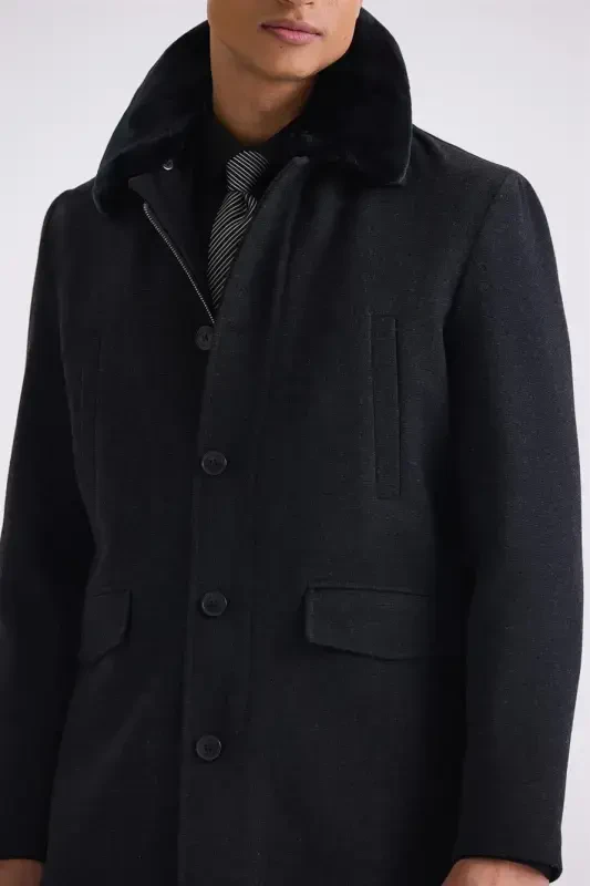 Black Regular Fit Detachable Fur Collar Patterned Wool Coat - 3