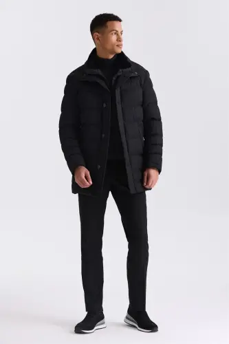 Black Regular Fit Fur Collar Buttoned Puffer Jacket - Jakamen (1)