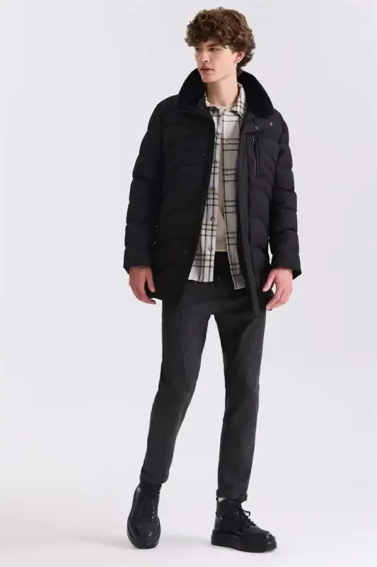 Black Regular Fit Fur Collar Winter Coat - 2