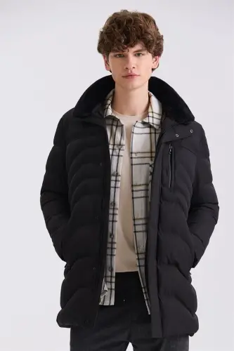 Black Regular Fit Fur Collar Winter Coat 