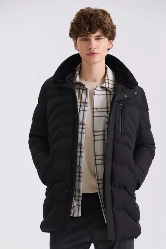 Black Regular Fit Fur Collar Winter Coat - 1