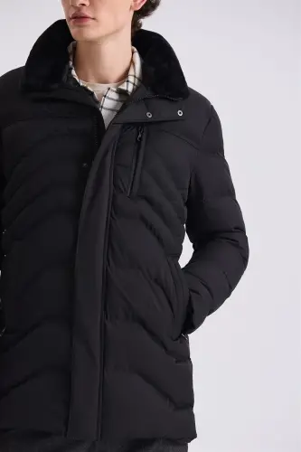 Black Regular Fit Fur Collar Winter Coat - 3