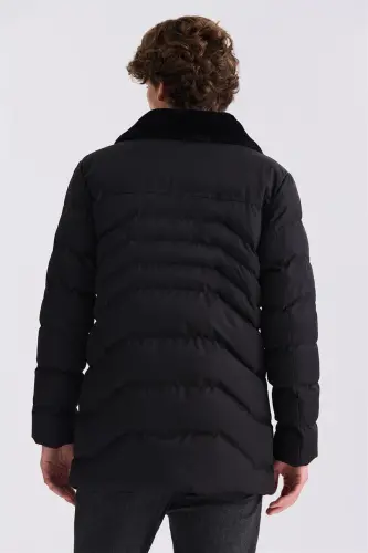 Black Regular Fit Fur Collar Winter Coat - 4