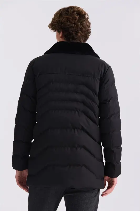 Black Regular Fit Fur Collar Winter Coat - 4