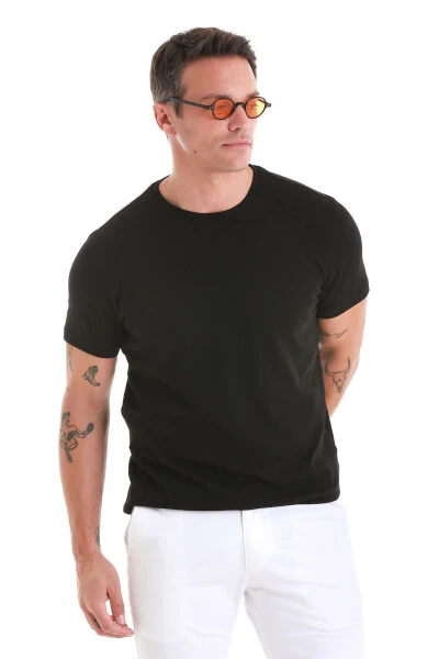 Black Regular Fit Jacquard Crew Neck T-Shirt-Blac - 4