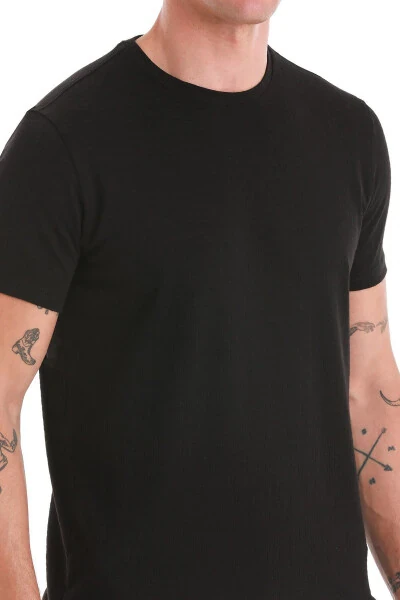 Black Regular Fit Jacquard Crew Neck T-Shirt-Blac - 5