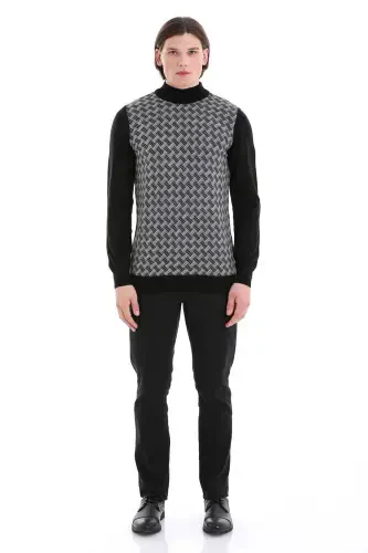 Black Regular Fit Jacquard Mock Neck Knit - 2