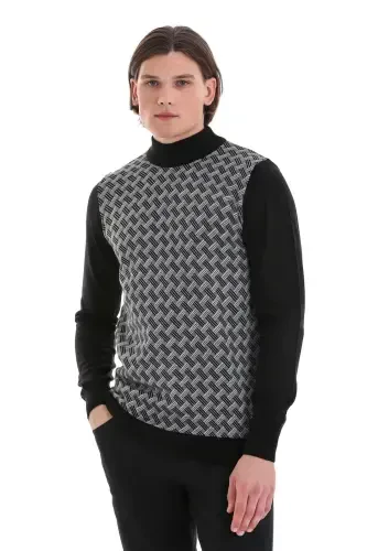 Black Regular Fit Jacquard Mock Neck Knit - 4
