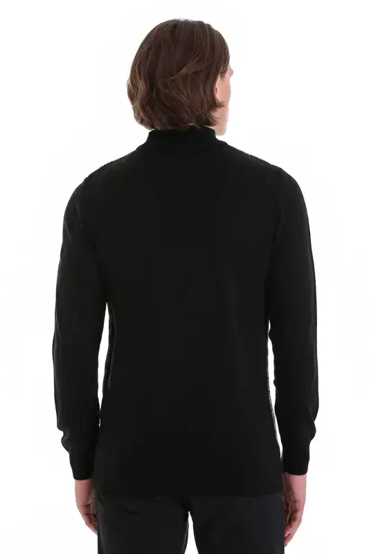 Black Regular Fit Jacquard Mock Neck Knit - 7