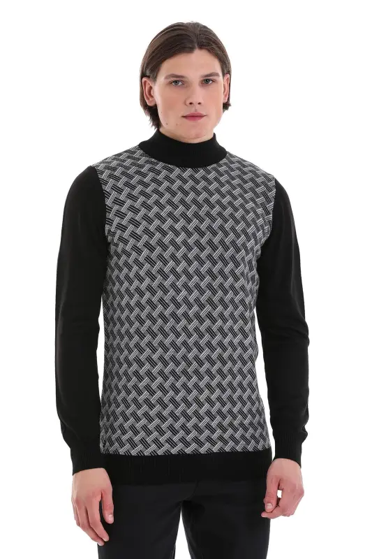 Black Regular Fit Jacquard Mock Neck Knit - 1