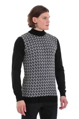 Black Regular Fit Jacquard Mock Neck Knit - 3