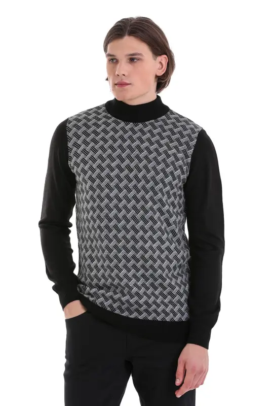 Black Regular Fit Jacquard Mock Neck Knit - 5