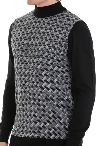 Black Regular Fit Jacquard Mock Neck Knit - 6
