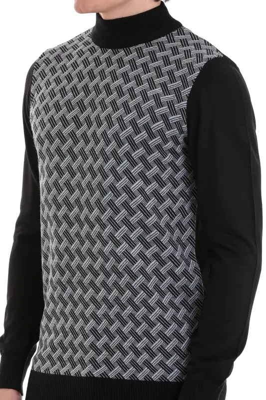 Black Regular Fit Jacquard Mock Neck Knit - 6