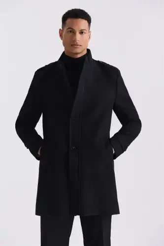 Black Regular Fit Mandarin Collar Epauletted Wool Cashmere Coat 