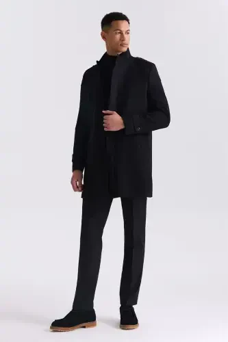 Black Regular Fit Mandarin Collar Epauletted Wool Cashmere Coat - JAKAMEN (1)