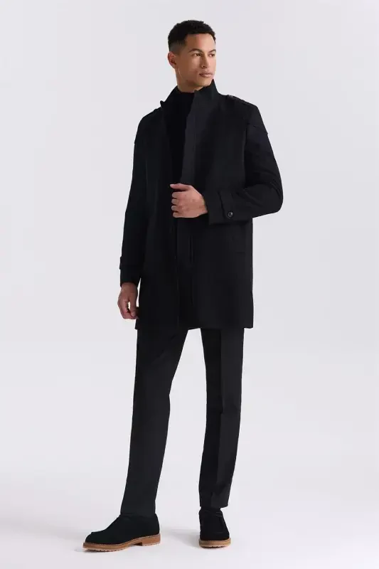 Black Regular Fit Mandarin Collar Epauletted Wool Cashmere Coat - 2